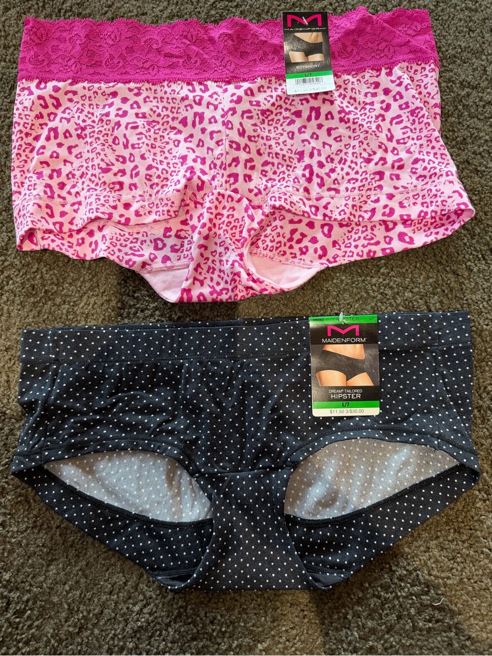 Maidenform Pink Leopard Lace Hipster & Black Polka Dot Hipster - 2 Pack Sz LG/7